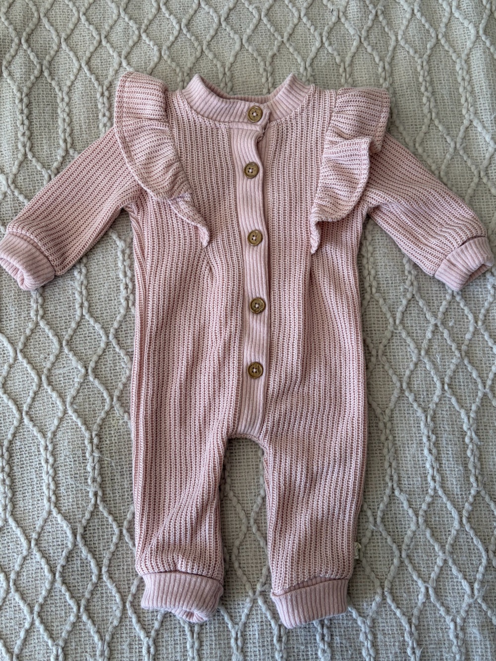 Baby Knit One-Piece Romper in Light Pink with Buttons